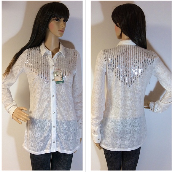 Roper Tops - ROPER WHITE SEQUINED BUTTON DOWN SHIRT/TOP